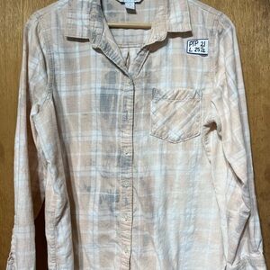 Plaid‎ Button-Up Shirt in Beige and White